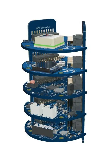 Render of the Bluestone stack-up: five round dark blue boards held parallel by vertical backbone boards down two sides, with a GNSS patch antenna module on the top board.