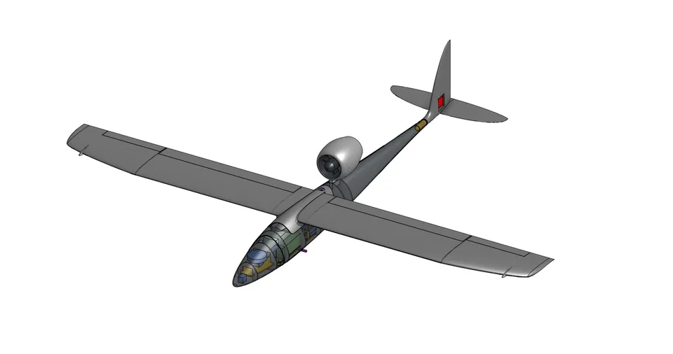 Isometric top-down CAD view of the complete Huia airframe, showing the wing, tail surfaces and ducted fan pod.