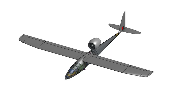 Isometric CAD view of the Huia airframe, showing the wing, tail surfaces and ducted fan pod.