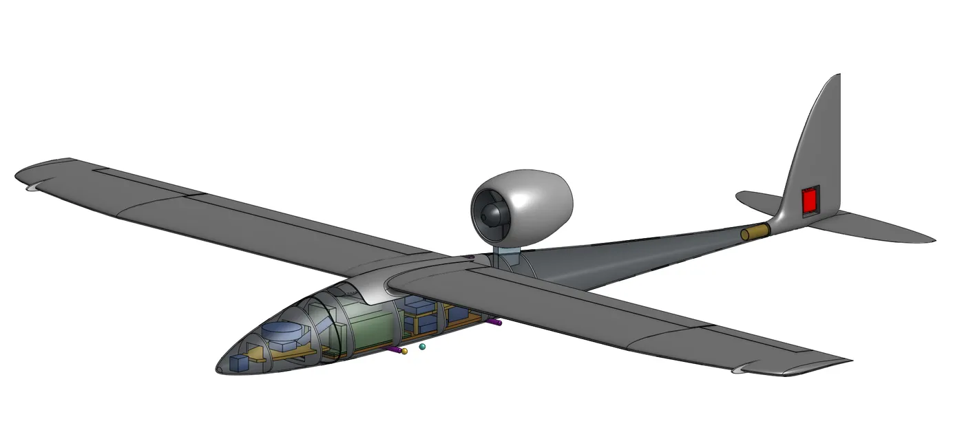 Isometric computer-aided design view of the Huia airframe from ahead and below, with the fuselage opened along its lower left side. Inside, forward to aft: a shallow cylinder and gold equipment shelves in the nose, a large green block filling the mid fuselage, then two bays of stacked rectangular modules on racks. The ducted fan pod sits on a short pylon above and behind the wing, and the tail carries a tall fin with two swept surfaces.