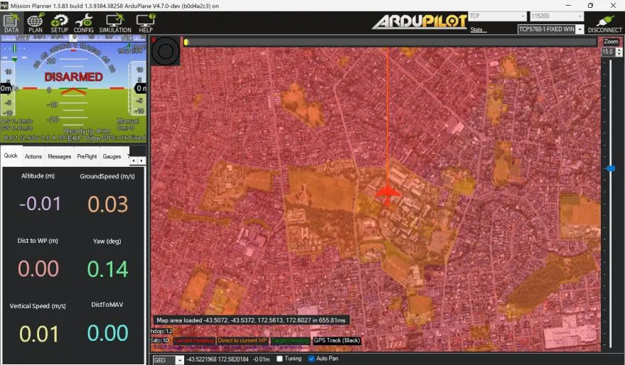 Mission Planner connected to a flight controller running ArduPlane, with the aircraft disarmed, GPS fixed, and the satellite map and quick panels visible.