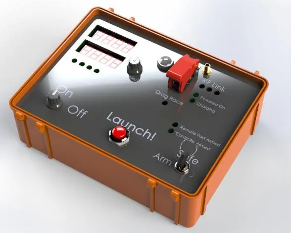 Conceptual render of the launch controller: an orange sealed field case with a dark control panel carrying two seven-segment displays, a rotary selector, a red launch button and a keyed arm switch.