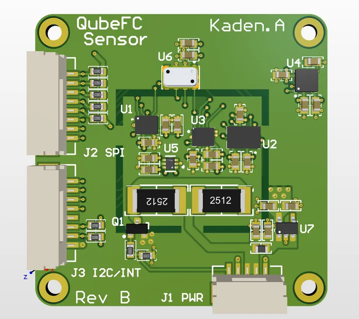 3D render of the square QubeFC sensor board, Rev B, with its sensor ICs grouped at the centre and SPI, I2C and power connectors along the edges.