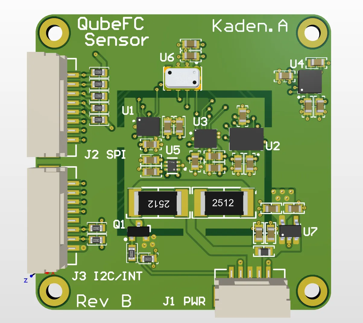 3D render of the square QubeFC sensor board, Rev B, with its sensor ICs grouped at the centre and SPI, I2C and power connectors along the edges.