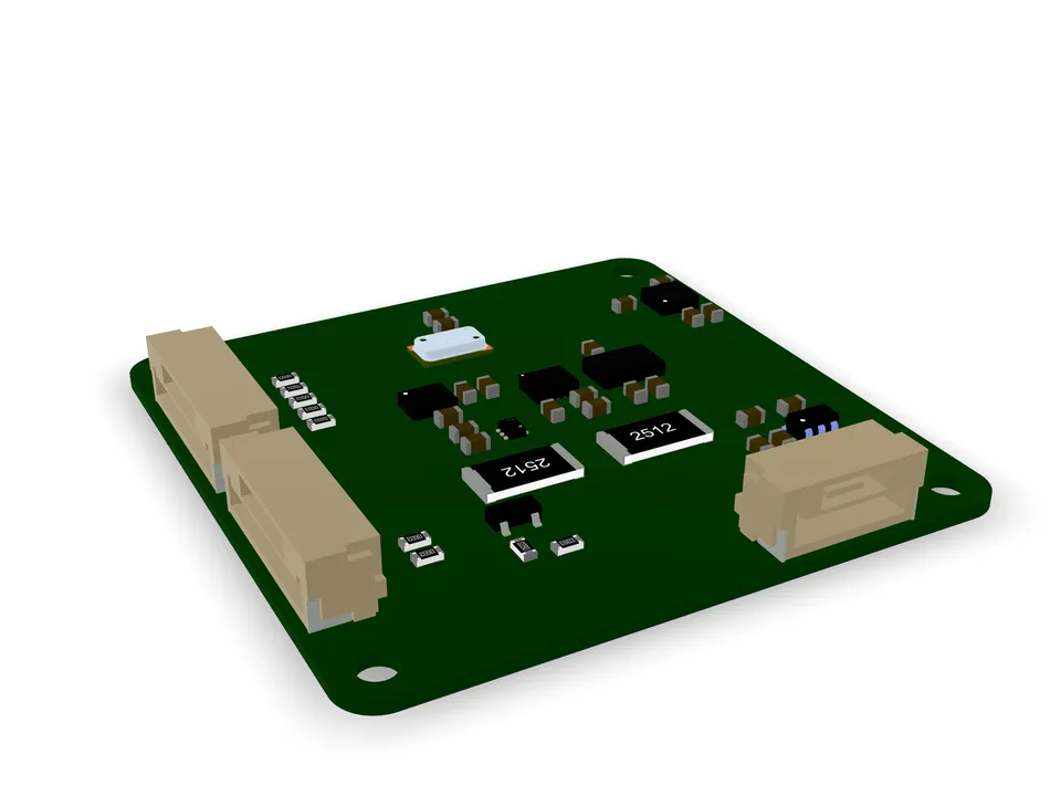 Interactive 3D model of the QubeFC sensor board, Rev B: a 40 mm square green board with plated corner mounting holes, two blue board-to-board connectors along one edge, a white power connector, and the sensor ICs, crystal and passives grouped across the centre.