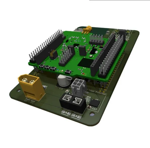 A render of the custom carrier board with the NUCLEO-WL55JC evaluation board mounted above it on tall pin headers. The dark green carrier carries a screw-terminal power input at one corner, two large protection devices marked CR1 and CR2, an ideal diode controller and bulk capacitors, with the silkscreen beneath them reading Power Protection.
