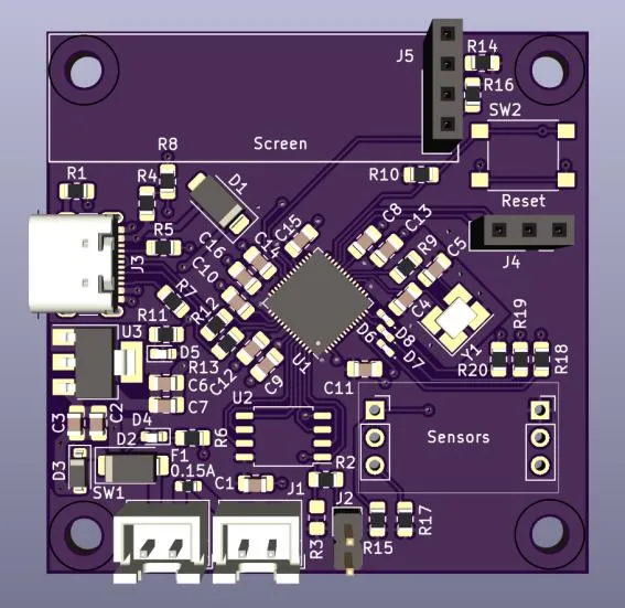A render of the example flight computer PCB used through the workshops, in purple solder mask. A square microcontroller sits at the centre surrounded by densely packed passives with every reference designator called out — R1 through R20, C1 through C16, and U1 to U3. A USB-C connector sits on the left edge, a header marked J5 and a reset switch at the top right, a pin header marked J4 at the right, an area silkscreened Sensors at the lower right, and two JST connectors along the bottom edge.